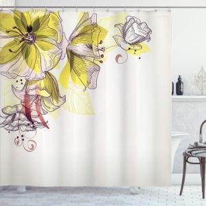 Ambesonne Christmas Shower Curtain, Stylized Reindeers Santa Claus Penguins and Xmas Tree on Stripes Cute Design, Fabric Bathroom Decor Set with Hooks, 69″ W x 70″ L, White Brown(Yellow and White)