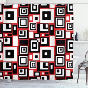 Ambesonne Christmas Shower Curtain, Stylized Reindeers Santa Claus Penguins and Xmas Tree on Stripes Cute Design, Fabric Bathroom Decor Set with Hooks, 69″ W x 70″ L, White Brown(Vermilion Black)