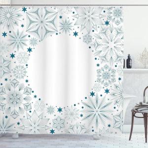 Ambesonne Christmas Shower Curtain, Stylized Reindeers Santa Claus Penguins and Xmas Tree on Stripes Cute Design, Fabric Bathroom Decor Set with Hooks, 69″ W x 70″ L, White Brown(Teal White)