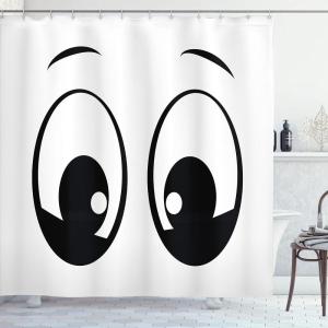 Ambesonne Christmas Shower Curtain, Stylized Reindeers Santa Claus Penguins and Xmas Tree on Stripes Cute Design, Fabric Bathroom Decor Set with Hooks, 69″ W x 70″ L, White Brown(White and Black)