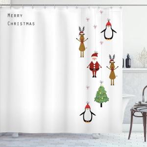 Ambesonne Christmas Shower Curtain, Stylized Reindeers Santa Claus Penguins and Xmas Tree on Stripes Cute Design, Fabric Bathroom Decor Set with Hooks, 69″ W x 70″ L, White Brown(White Brown)