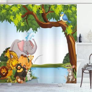 Ambesonne Christmas Shower Curtain, Stylized Reindeers Santa Claus Penguins and Xmas Tree on Stripes Cute Design, Fabric Bathroom Decor Set with Hooks, 69″ W x 70″ L, White Brown(Blue Green)