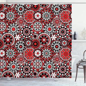 Ambesonne Christmas Shower Curtain, Stylized Reindeers Santa Claus Penguins and Xmas Tree on Stripes Cute Design, Fabric Bathroom Decor Set with Hooks, 69″ W x 70″ L, White Brown(Orange White)