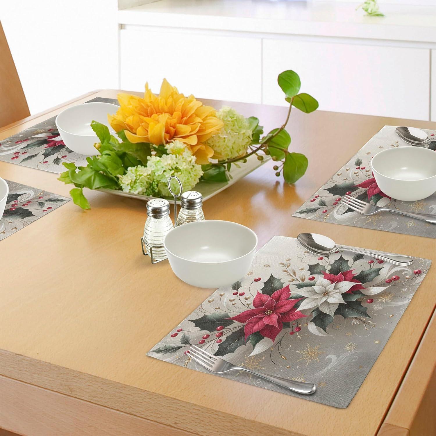 imageAmbesonne Christmas Place Mats Set of 4 Merry Xmas Wish Fir Tree Branches Poinsettia Flowers Birds and Deer Washable Fabric Placemats for Dining Table Standard Size Green and RedPale Vermilion and Grey Teal