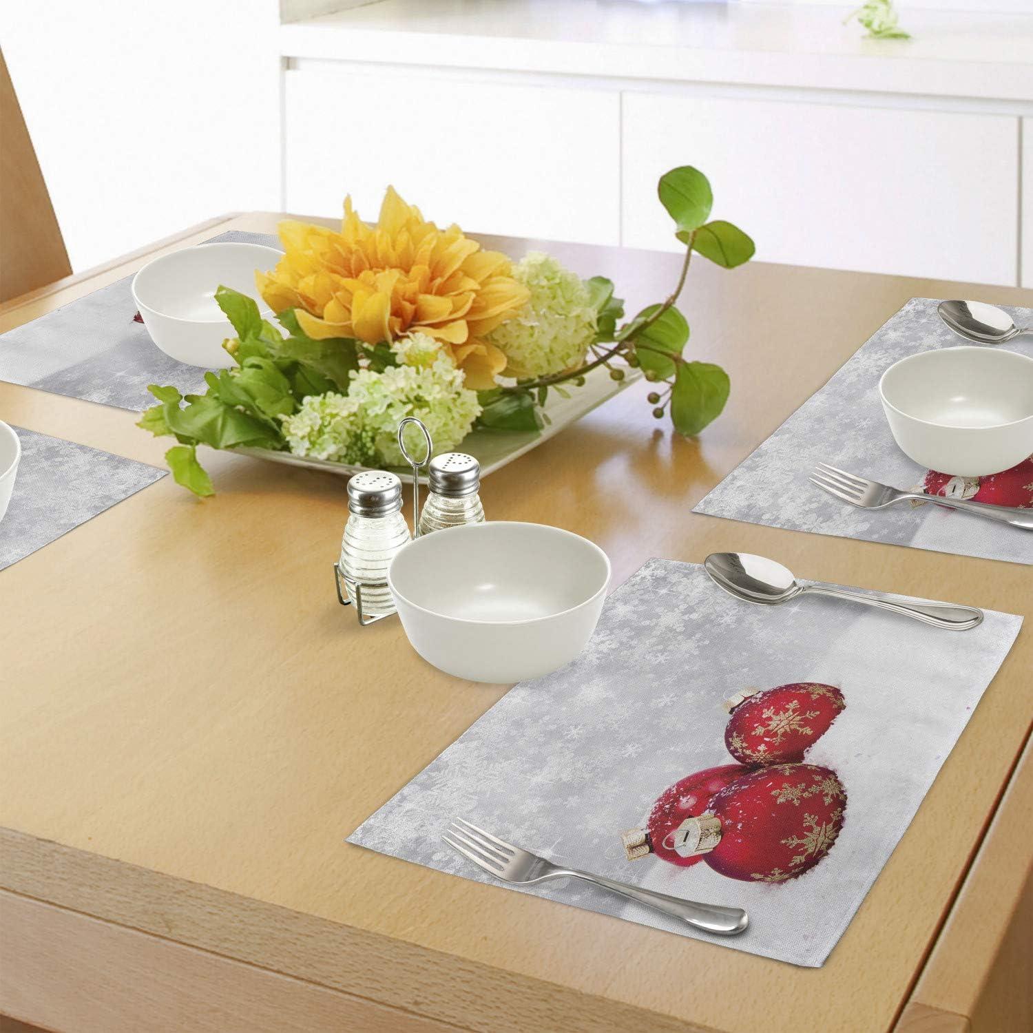 imageAmbesonne Christmas Place Mats Set of 4 Merry Xmas Wish Fir Tree Branches Poinsettia Flowers Birds and Deer Washable Fabric Placemats for Dining Table Standard Size Green and RedRed White