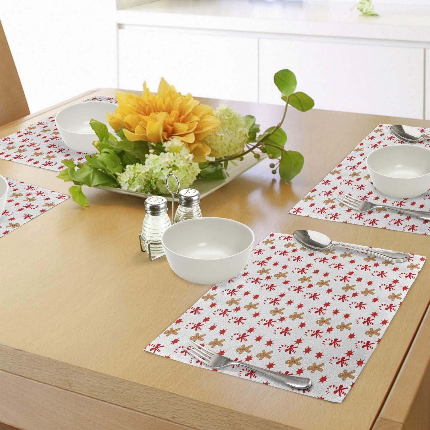 imageAmbesonne Christmas Place Mats Set of 4 Merry Xmas Wish Fir Tree Branches Poinsettia Flowers Birds and Deer Washable Fabric Placemats for Dining Table Standard Size Green and RedSand Brown Orange