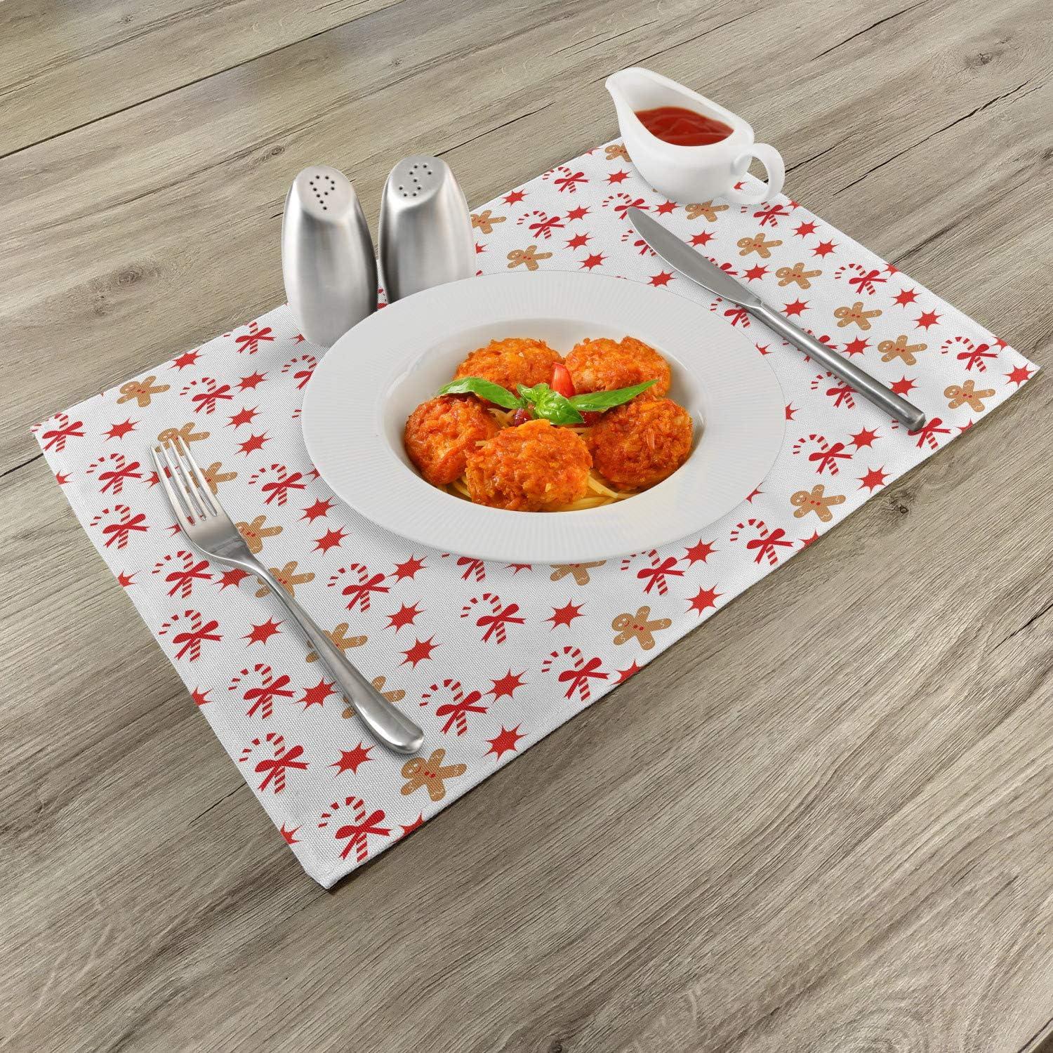 imageAmbesonne Christmas Place Mats Set of 4 Merry Xmas Wish Fir Tree Branches Poinsettia Flowers Birds and Deer Washable Fabric Placemats for Dining Table Standard Size Green and RedSand Brown Orange