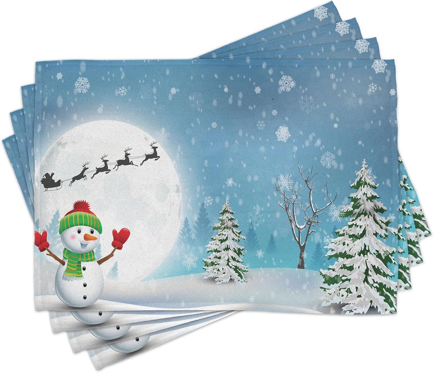 imageAmbesonne Christmas Place Mats Set of 4 Merry Xmas Wish Fir Tree Branches Poinsettia Flowers Birds and Deer Washable Fabric Placemats for Dining Table Standard Size Green and RedWhite Soft Blue