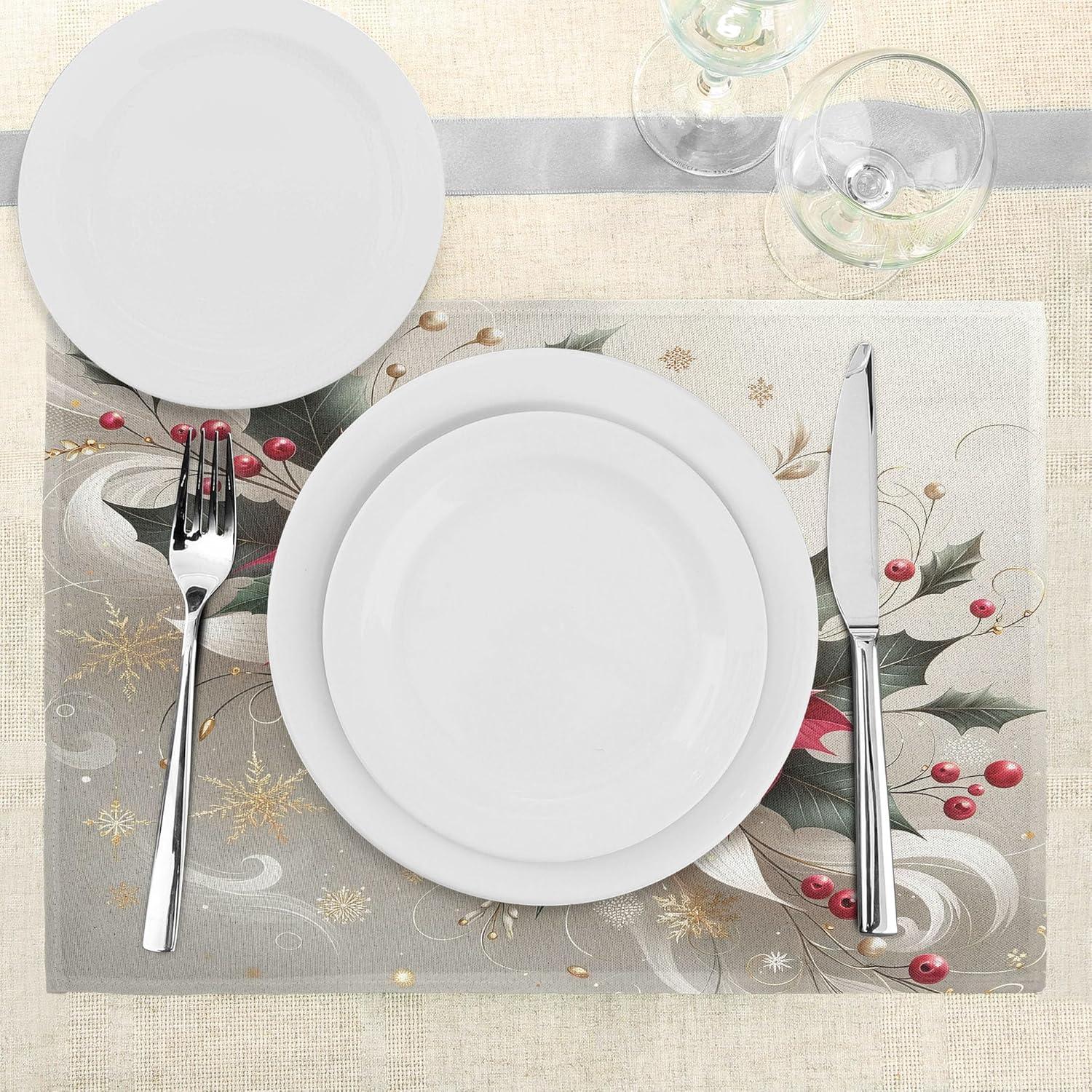 imageAmbesonne Christmas Place Mats Set of 4 Merry Xmas Wish Fir Tree Branches Poinsettia Flowers Birds and Deer Washable Fabric Placemats for Dining Table Standard Size Green and RedPale Vermilion and Grey Teal