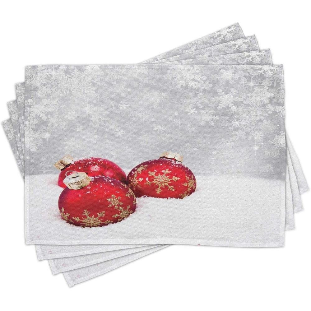 imageAmbesonne Christmas Place Mats Set of 4 Merry Xmas Wish Fir Tree Branches Poinsettia Flowers Birds and Deer Washable Fabric Placemats for Dining Table Standard Size Green and RedRed White