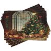 Ambesonne Christmas Place Mats Set of 4, Merry Xmas Wish Fir Tree Branches Poinsettia Flowers Birds and Deer, Washable Fabric Placemats for Dining Table, Standard Size, Green and Red(Chocolate Green)