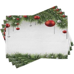 Ambesonne Christmas Place Mats Set of 4, Merry Xmas Wish Fir Tree Branches Poinsettia Flowers Birds and Deer, Washable Fabric Placemats for Dining Table, Standard Size, Green and Red(Red and Green)