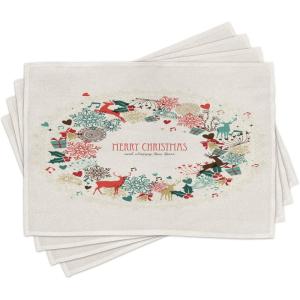Ambesonne Christmas Place Mats Set of 4, Merry Xmas Wish Fir Tree Branches Poinsettia Flowers Birds and Deer, Washable Fabric Placemats for Dining Table, Standard Size, Green and Red(Beige Red)