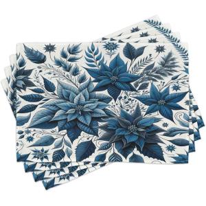 Ambesonne Christmas Place Mats Set of 4, Merry Xmas Wish Fir Tree Branches Poinsettia Flowers Birds and Deer, Washable Fabric Placemats for Dining Table, Standard Size, Green and Red(Night Blue and Dark Sky Blue)