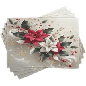 Ambesonne Christmas Place Mats Set of 4, Merry Xmas Wish Fir Tree Branches Poinsettia Flowers Birds and Deer, Washable Fabric Placemats for Dining Table, Standard Size, Green and Red(Pale Vermilion and Grey Teal)