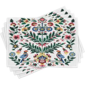 Ambesonne Christmas Place Mats Set of 4, Merry Xmas Wish Fir Tree Branches Poinsettia Flowers Birds and Deer, Washable Fabric Placemats for Dining Table, Standard Size, Green and Red(Green White Multicolor)