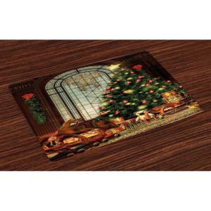 Ambesonne Christmas Place Mats Set of 4, Merry Xmas Wish Fir Tree Branches Poinsettia Flowers Birds and Deer, Washable Fabric Placemats for Dining Table, Standard Size, Green and Red(Chocolate Green)