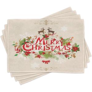 Ambesonne Christmas Place Mats Set of 4, Merry Xmas Wish Fir Tree Branches Poinsettia Flowers Birds and Deer, Washable Fabric Placemats for Dining Table, Standard Size, Green and Red(Green and Red)