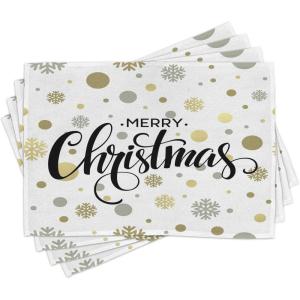 Ambesonne Christmas Place Mats Set of 4, Merry Xmas Wish Fir Tree Branches Poinsettia Flowers Birds and Deer, Washable Fabric Placemats for Dining Table, Standard Size, Green and Red(Charcoal Beige)