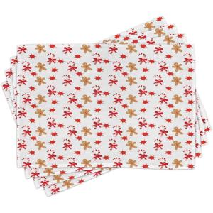 Ambesonne Christmas Place Mats Set of 4, Merry Xmas Wish Fir Tree Branches Poinsettia Flowers Birds and Deer, Washable Fabric Placemats for Dining Table, Standard Size, Green and Red(Sand Brown Orange)