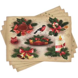 Ambesonne Christmas Place Mats Set of 4, Merry Xmas Wish Fir Tree Branches Poinsettia Flowers Birds and Deer, Washable Fabric Placemats for Dining Table, Standard Size, Green and Red(Emerald Cream)