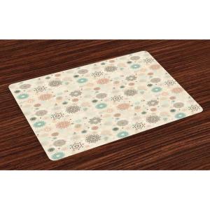 Ambesonne Christmas Place Mats Set of 4, Merry Xmas Wish Fir Tree Branches Poinsettia Flowers Birds and Deer, Washable Fabric Placemats for Dining Table, Standard Size, Green and Red(Pale Beige)