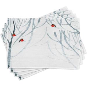 Ambesonne Christmas Place Mats Set of 4, Merry Xmas Wish Fir Tree Branches Poinsettia Flowers Birds and Deer, Washable Fabric Placemats for Dining Table, Standard Size, Green and Red(Black White)