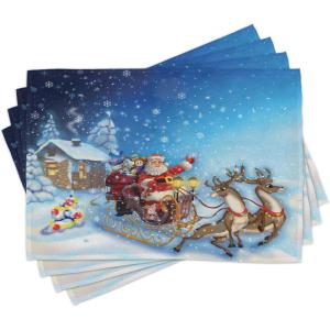 Ambesonne Christmas Place Mats Set of 4, Merry Xmas Wish Fir Tree Branches Poinsettia Flowers Birds and Deer, Washable Fabric Placemats for Dining Table, Standard Size, Green and Red(Navy Blue)