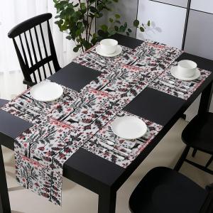 Ambesonne Christmas Table Runner, Placemats, Scandinavian Xmas Vibe with Abstract Trees Reindeer and Snowflakes, Set for Dining Table Decor, Placemat 4 pcs + Runner 16″x72″, Dark Coral Black White