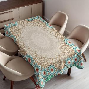 Ambesonne Christmas Tablecloth, New Year’s Eve Tree Branch Border with Berry Ribbons Gingerbread Man, Dining Room Kitchen Rectangular Table Cover, 60″ X 84″,Brown(Cream Turquoise)