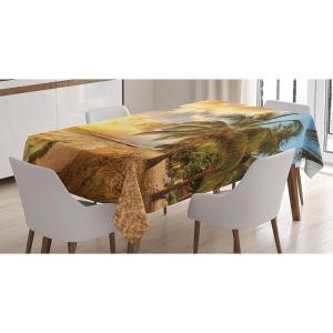Ambesonne Christmas Tablecloth, New Year’s Eve Tree Branch Border with Berry Ribbons Gingerbread Man, Dining Room Kitchen Rectangular Table Cover, 60″ X 84″,Brown(Cream Blue)