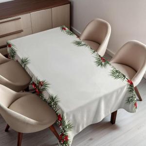 Ambesonne Christmas Tablecloth, New Year’s Eve Tree Branch Border with Berry Ribbons Gingerbread Man, Dining Room Kitchen Rectangular Table Cover, 60″ X 84″,Brown(Brown)