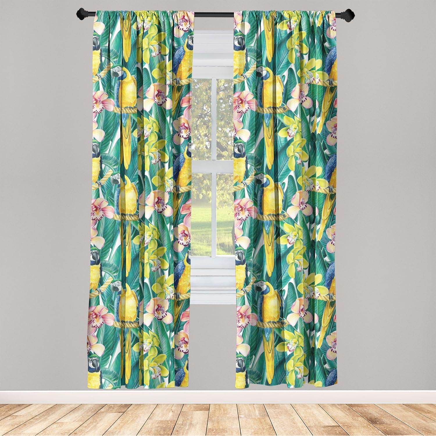 imageAmbesonne Floral Boho Curtains Golden Tone Blooming Flowers and Neutral Leaves on Dark Jungle Back Window Treatments 2 Panel Set for Living Room Bedroom Pair of 28 x 95 Dark Yellow Sea BlueYellow Jade Green Coral
