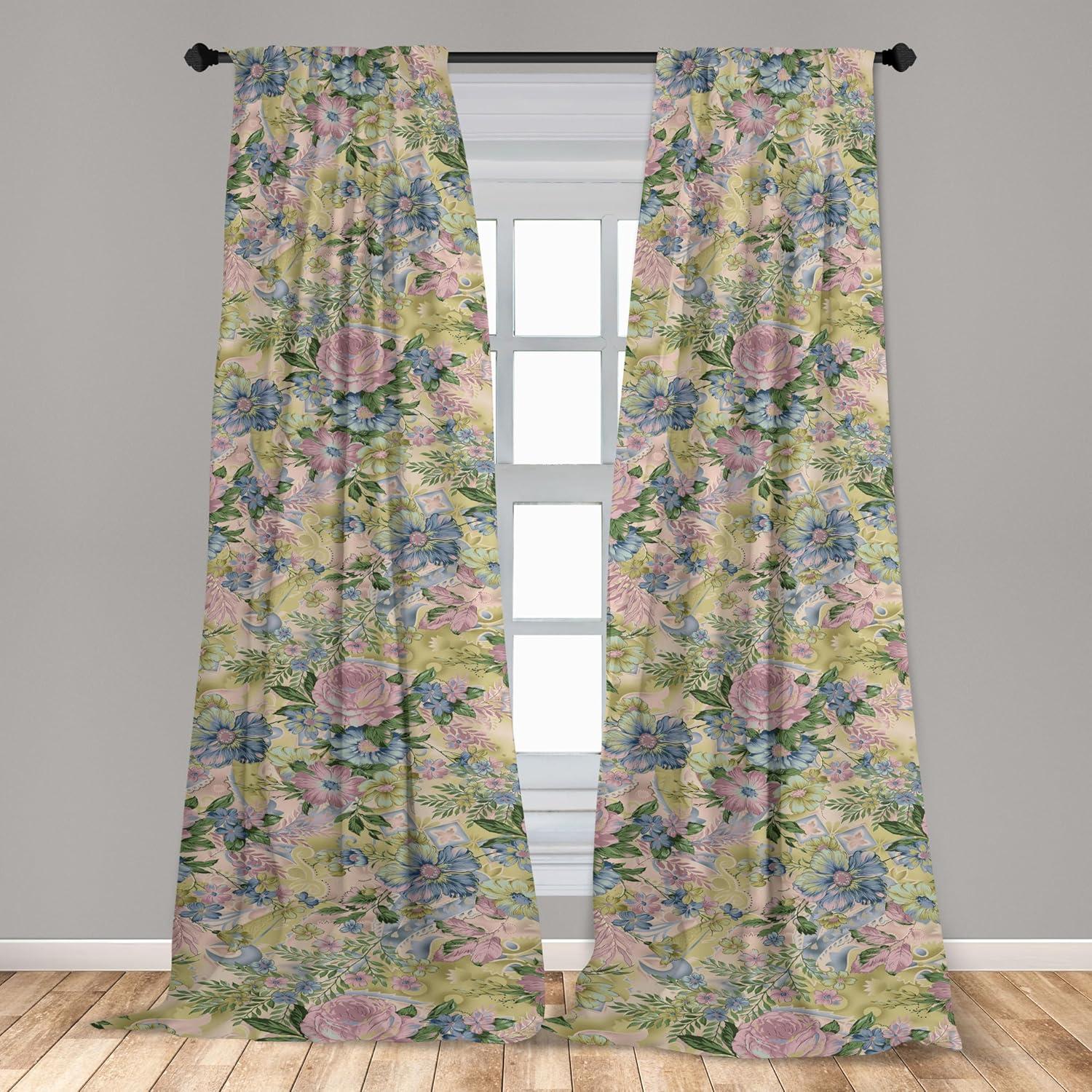 imageAmbesonne Floral Boho Curtains Golden Tone Blooming Flowers and Neutral Leaves on Dark Jungle Back Window Treatments 2 Panel Set for Living Room Bedroom Pair of 28 x 95 Dark Yellow Sea BlueReseda Green Pink