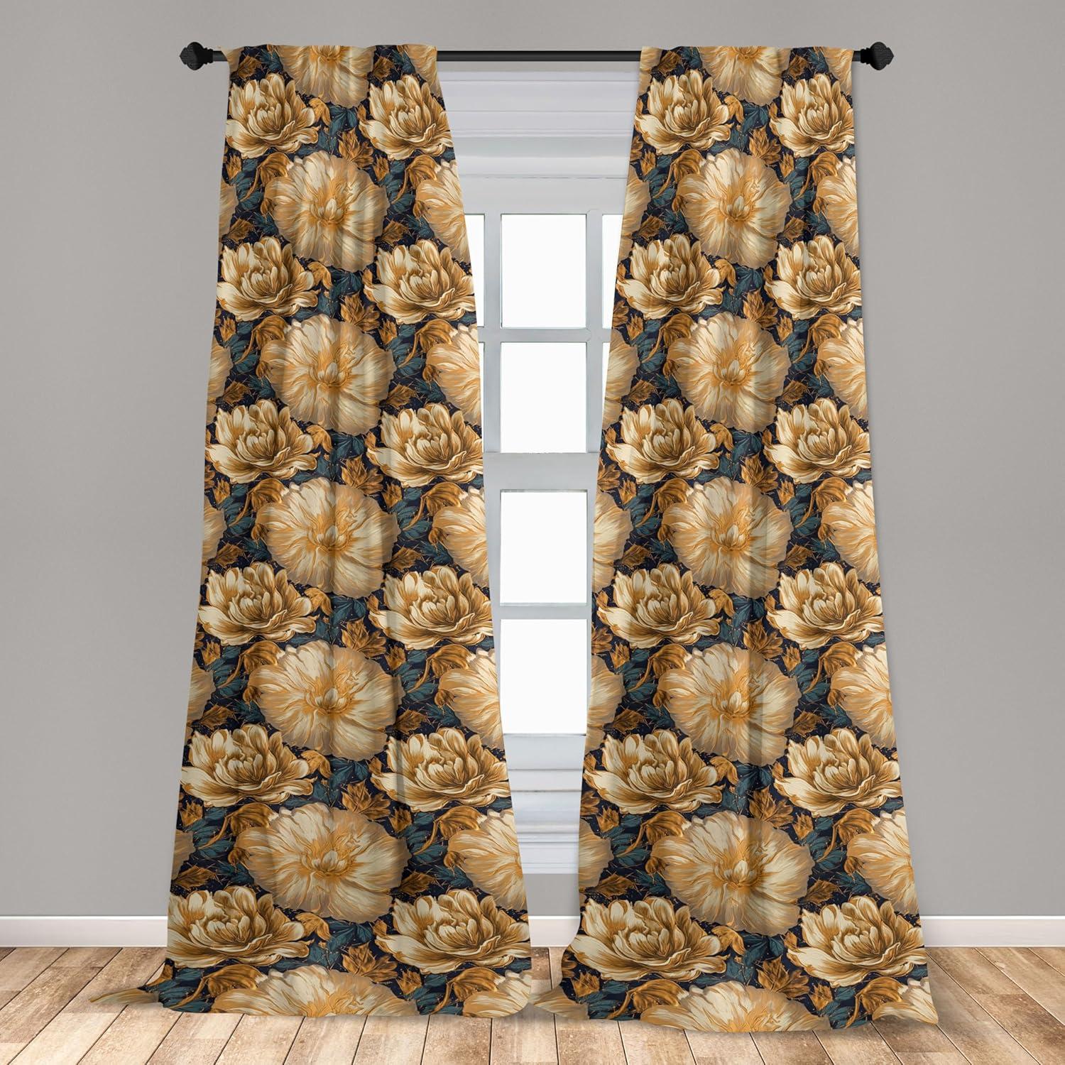 imageAmbesonne Floral Boho Curtains Golden Tone Blooming Flowers and Neutral Leaves on Dark Jungle Back Window Treatments 2 Panel Set for Living Room Bedroom Pair of 28 x 95 Dark Yellow Sea BlueYellow Sea Blue