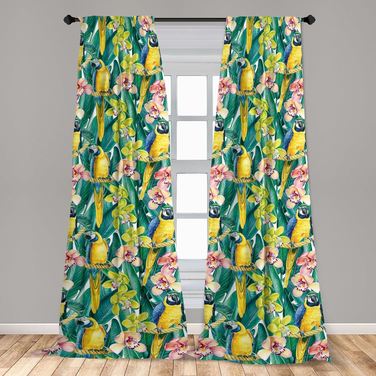 imageAmbesonne Floral Boho Curtains Golden Tone Blooming Flowers and Neutral Leaves on Dark Jungle Back Window Treatments 2 Panel Set for Living Room Bedroom Pair of 28 x 95 Dark Yellow Sea BlueYellow Jade Green Coral