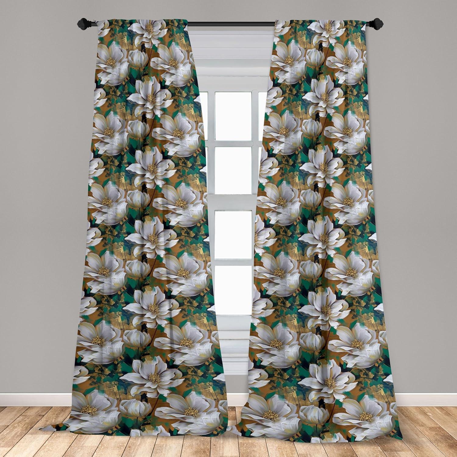 imageAmbesonne Floral Boho Curtains Golden Tone Blooming Flowers and Neutral Leaves on Dark Jungle Back Window Treatments 2 Panel Set for Living Room Bedroom Pair of 28 x 95 Dark Yellow Sea BluePale Ceil Blue Ginger