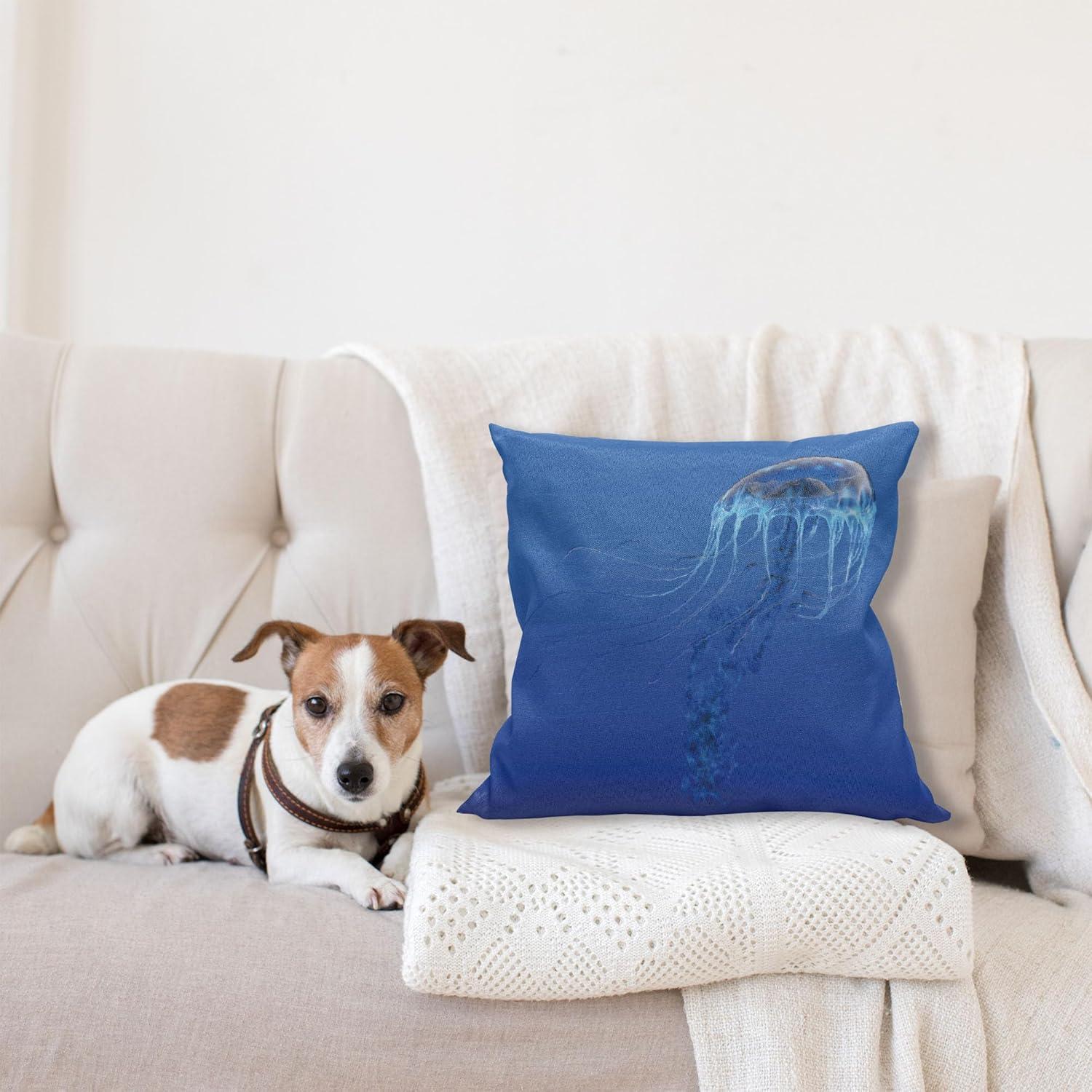 imageAmbesonne Jellyfish Throw Pillow Cushion Cover Blue Spotted Jelly Fish Aquarium Life Marine Animals Ocean Predator in The Deep Water Decorative Square Accent Pillow Case 16 X 16 BlueBlue
