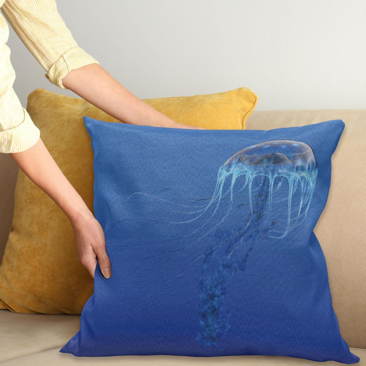 imageAmbesonne Jellyfish Throw Pillow Cushion Cover Blue Spotted Jelly Fish Aquarium Life Marine Animals Ocean Predator in The Deep Water Decorative Square Accent Pillow Case 16 X 16 BlueBlue