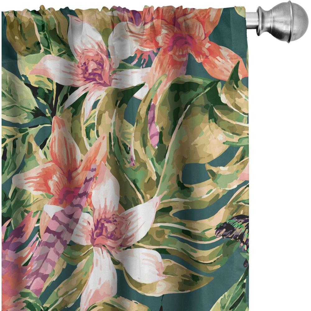imageAmbesonne Floral Boho Curtains Golden Tone Blooming Flowers and Neutral Leaves on Dark Jungle Back Window Treatments 2 Panel Set for Living Room Bedroom Pair of 28 x 95 Dark Yellow Sea BlueDark Coral Fern Green