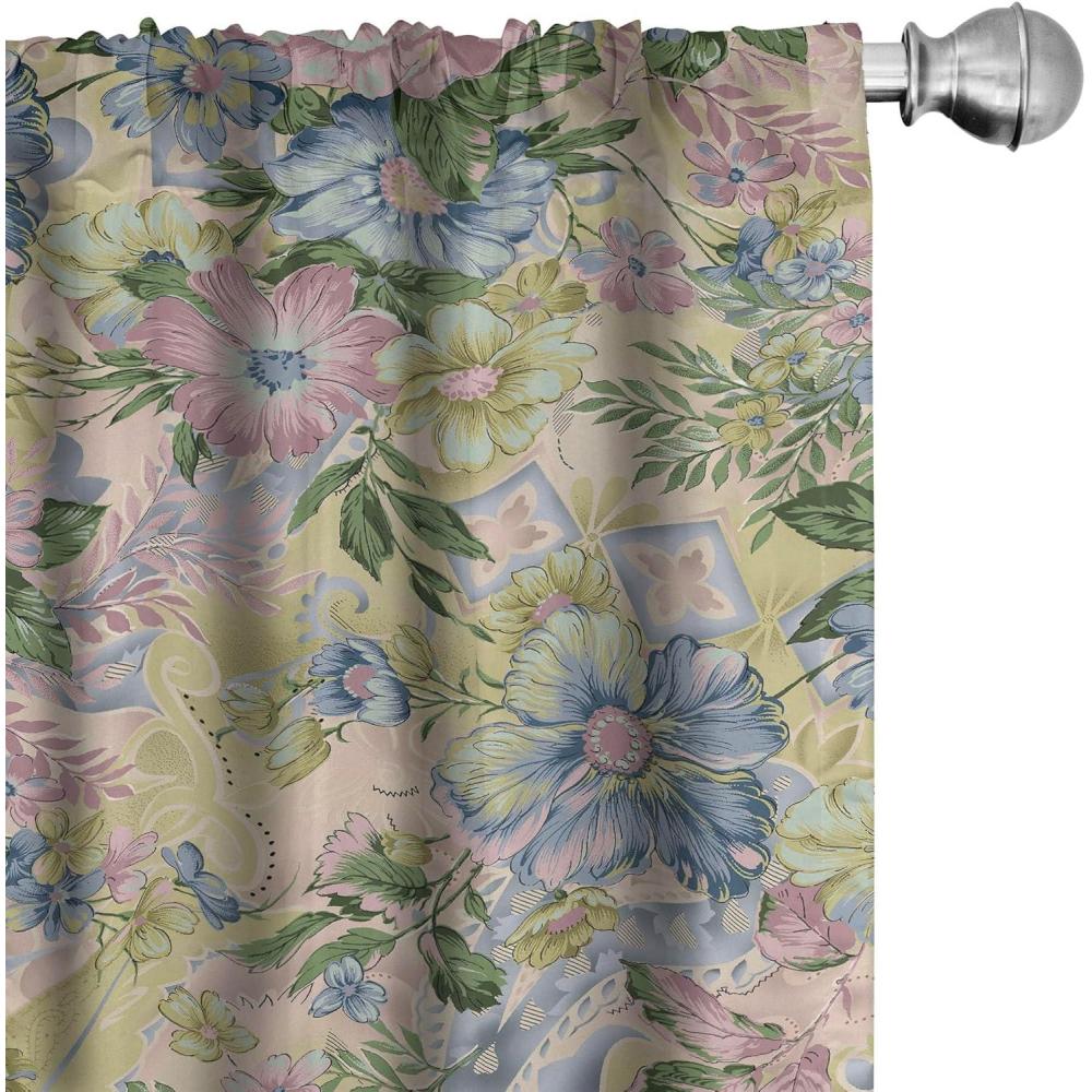 imageAmbesonne Floral Boho Curtains Golden Tone Blooming Flowers and Neutral Leaves on Dark Jungle Back Window Treatments 2 Panel Set for Living Room Bedroom Pair of 28 x 95 Dark Yellow Sea BlueReseda Green Pink