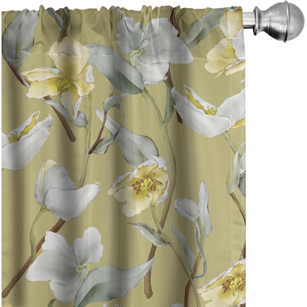imageAmbesonne Floral Boho Curtains Golden Tone Blooming Flowers and Neutral Leaves on Dark Jungle Back Window Treatments 2 Panel Set for Living Room Bedroom Pair of 28 x 95 Dark Yellow Sea BluePale Green Off White