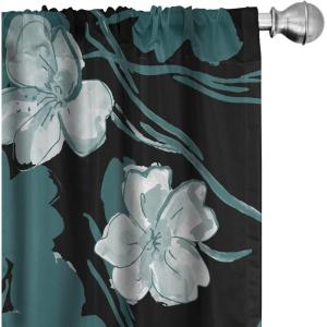 Ambesonne Floral Boho Curtains, Golden Tone Blooming Flowers and Neutral Leaves on Dark Jungle Back, Window Treatments 2 Panel Set for Living Room Bedroom, Pair of – 28″ x 95″, Dark Yellow Sea Blue(Dark Cadet Blue and Grey)