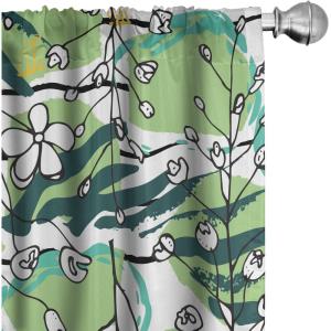 Ambesonne Floral Boho Curtains, Golden Tone Blooming Flowers and Neutral Leaves on Dark Jungle Back, Window Treatments 2 Panel Set for Living Room Bedroom, Pair of – 28″ x 95″, Dark Yellow Sea Blue(Pistachio Green Sea Green)