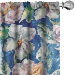 Ambesonne Floral Boho Curtains, Golden Tone Blooming Flowers and Neutral Leaves on Dark Jungle Back, Window Treatments 2 Panel Set for Living Room Bedroom, Pair of – 28″ x 95″, Dark Yellow Sea Blue(Dark Lavender Lilac)