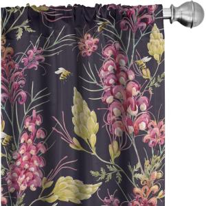 Ambesonne Floral Boho Curtains, Golden Tone Blooming Flowers and Neutral Leaves on Dark Jungle Back, Window Treatments 2 Panel Set for Living Room Bedroom, Pair of – 28″ x 95″, Dark Yellow Sea Blue(Dried Rose Earth Yellow)