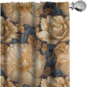 Ambesonne Floral Boho Curtains, Golden Tone Blooming Flowers and Neutral Leaves on Dark Jungle Back, Window Treatments 2 Panel Set for Living Room Bedroom, Pair of – 28″ x 95″, Dark Yellow Sea Blue(Yellow Sea Blue)