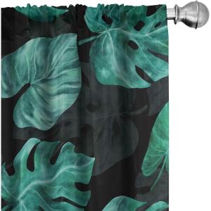 Ambesonne Floral Boho Curtains, Golden Tone Blooming Flowers and Neutral Leaves on Dark Jungle Back, Window Treatments 2 Panel Set for Living Room Bedroom, Pair of – 28″ x 95″, Dark Yellow Sea Blue(Jade Green Sea Green)