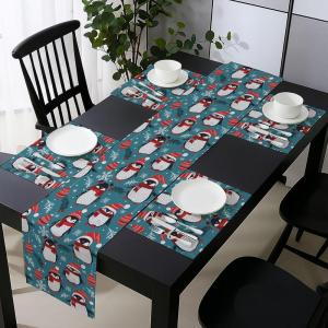 Ambesonne Christmas Table Runner, Placemats, Windy Xmas Night Theme with Penguins Hats and Flying Scarves, Set for Dining Table Decor, Placemat 4 pcs + Runner 16″x72″, Vermilion Grey and Slate Blue