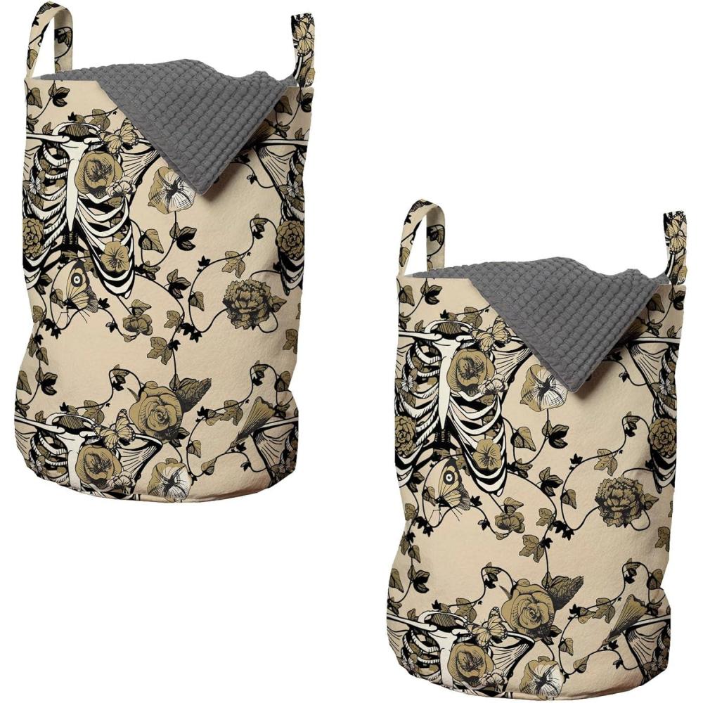 imageAmbesonne Gothic Laundry Bag Chest Bones Ribcage Flowers Butterflies Autumn Hamper Basket with Handles Drawstring Closure for Laundromats 13 x 19 Mustard TanMustard Tan